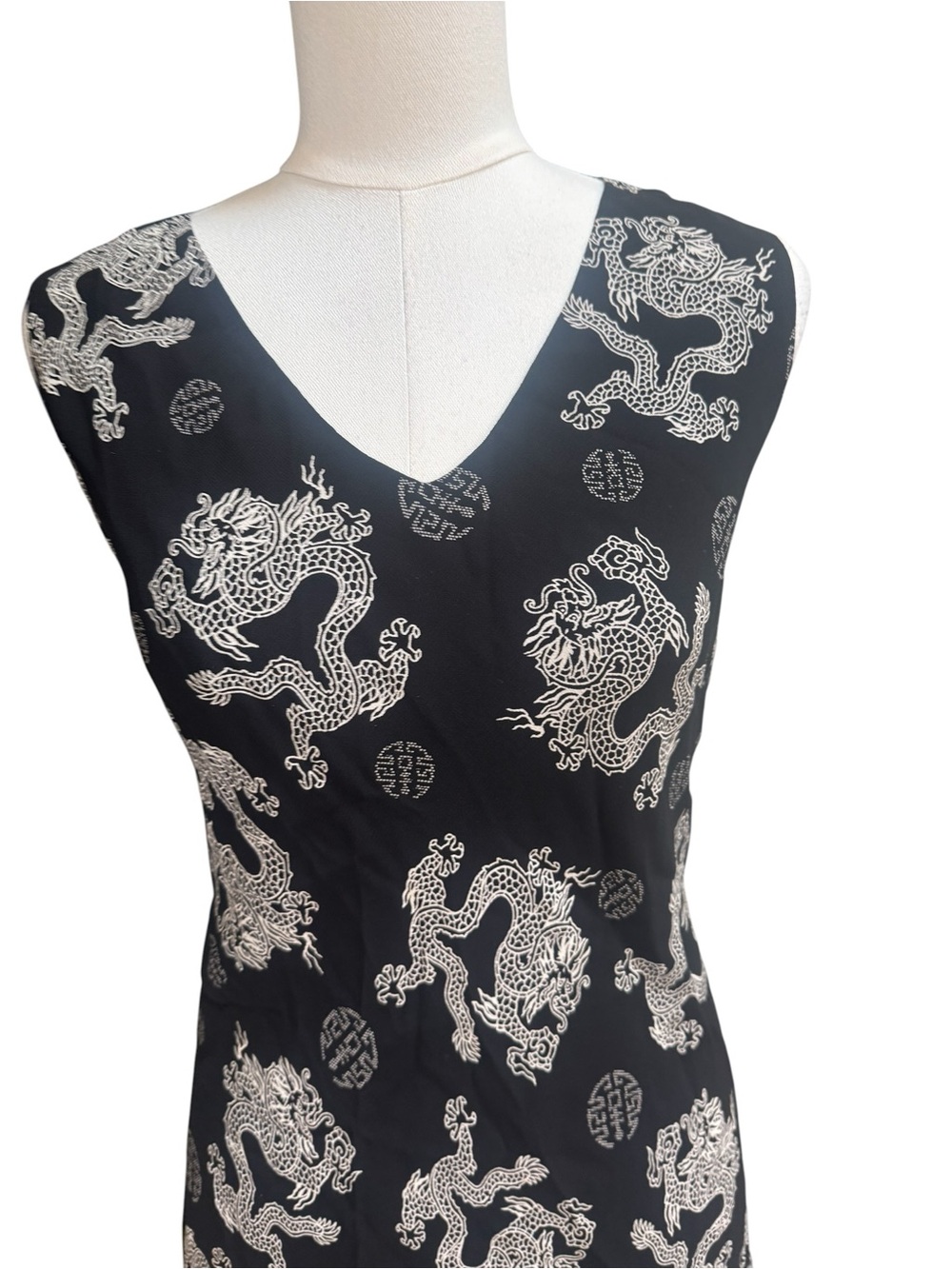 Lily Black Dragon Print Sleeveless Shift Dress V-Neck Sheer Overlay Size P/L View 5